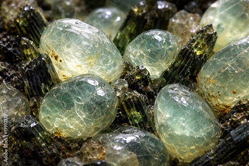 Detailed view of translucent prehnite and epidote stones showcasing mineral textures