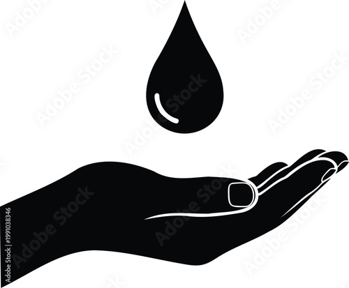 Water drop falling into open hand vector illustration for purity and care concept.