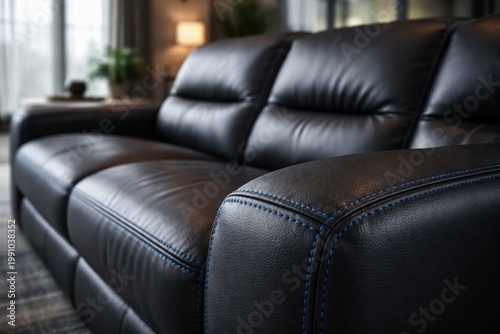 Close up of synthetic leather sofa with blue stitching and spacious background