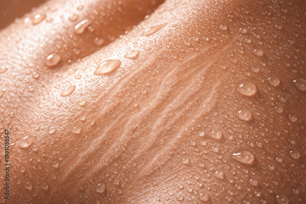 Fototapeta premium Macro shot of skin with visible moisture and texture emphasizing benefits in stretch mark care