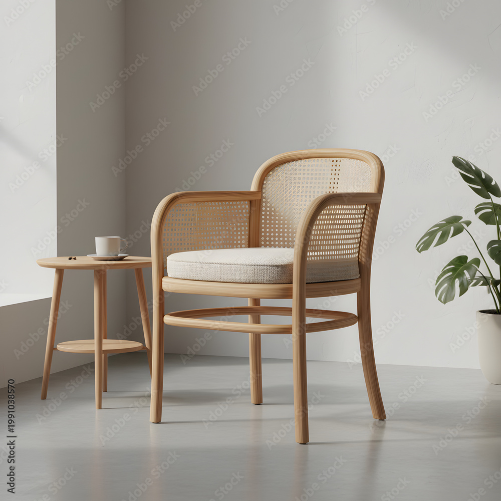 Obraz premium Elegant rattan chair in minimalist interior with natural light and subtle green accents