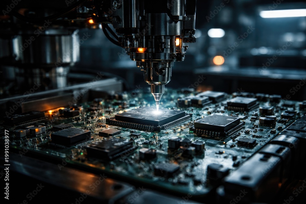 Fototapeta premium Manufacturing process of electronic circuit board with chips in dark environment