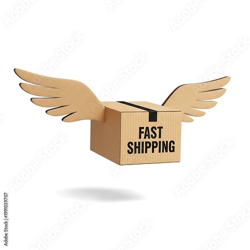 Cardboard Box with Wings Fast Shipping Delivery Concept