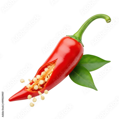 A vibrant red chili pepper with seeds spilling out and a green leaf