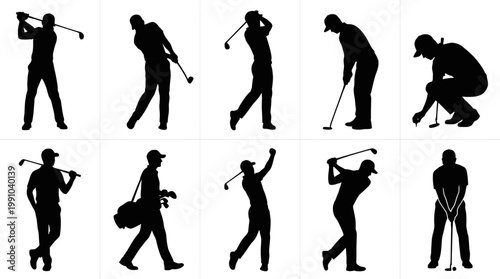 Man Playing Golf Silhouette Vector Set – 10 Dynamic Golf Action Poses