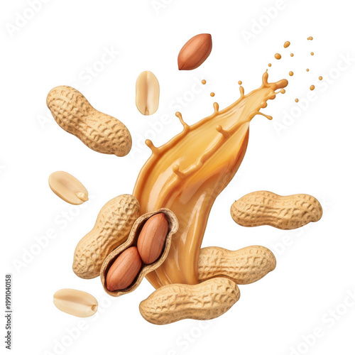Peanuts and peanut shells in mid-air