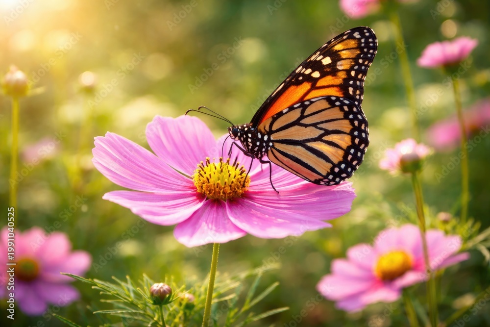 Fototapeta premium Detailed close up of a butterfly perched on a pink cosmos flower with lush natural surroundings expressing nature's charm