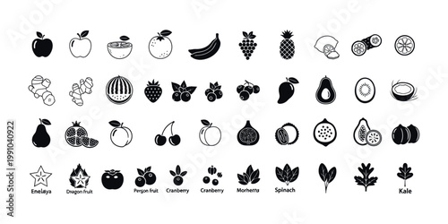 Fruit and Vegetable Icon Set. Black and Beige Silhouette Vector Illustrations of Apple, Banana, Ginger, Avocado, Mango, Berries, Spinach and Kale for Healthy Food Menu and Web App Design.