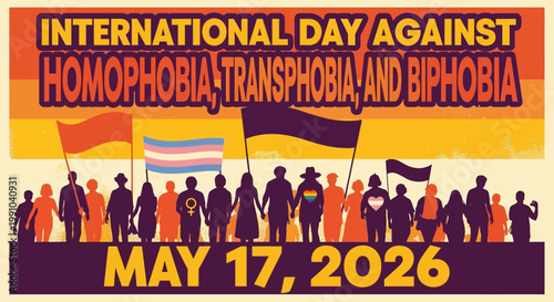 International Day Against Homophobia Transphobia and Biphobia vector illustration with diverse people holding pride flags isolated on background