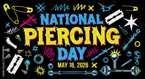 National Piercing Day celebration poster with retro neon elements and piercing tools isolated on background