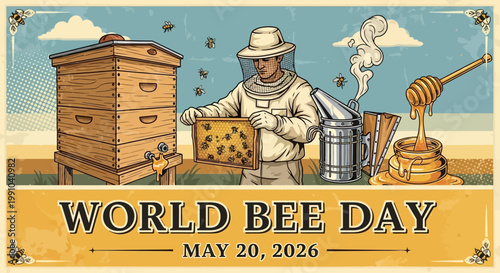 World Bee Day vintage illustration with beekeeper, honeycomb, and bees isolated on background