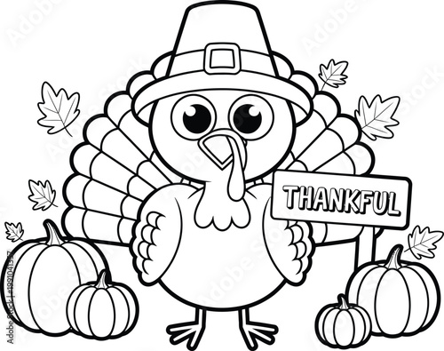 Cartoon Pilgrim Turkey Holding Thankful Sign Outline