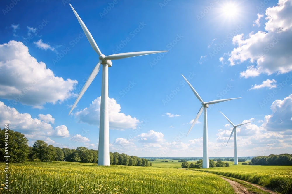 Fototapeta premium Wind turbines in motion with a vivid summer sky backdrop