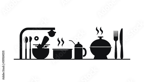 Kitchen tools and cooking utensils arranged in a row illustrate a professional culinary environment for food blogging and restaurant menu design projects that need a cohesive graphic set.