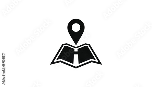 Map pin icon hovering over an open document represents navigation and location tracking services for logistics and travel planning applications that require a bold and modern interface component.