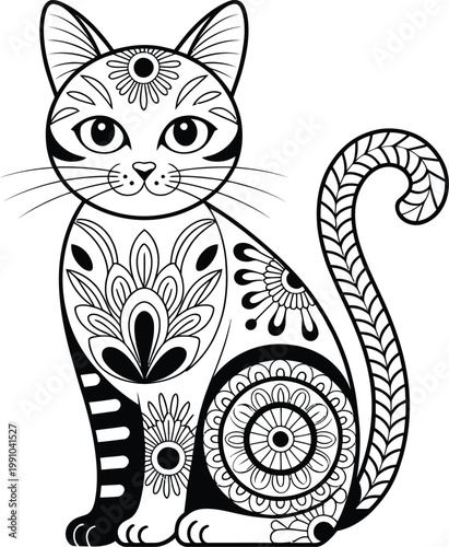 Detailed Black and White Cat with Mandala Art feline