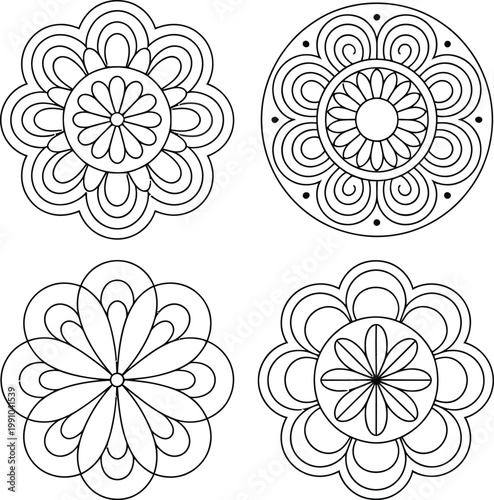 Four Black Outline Decorative Circular Patterns vector