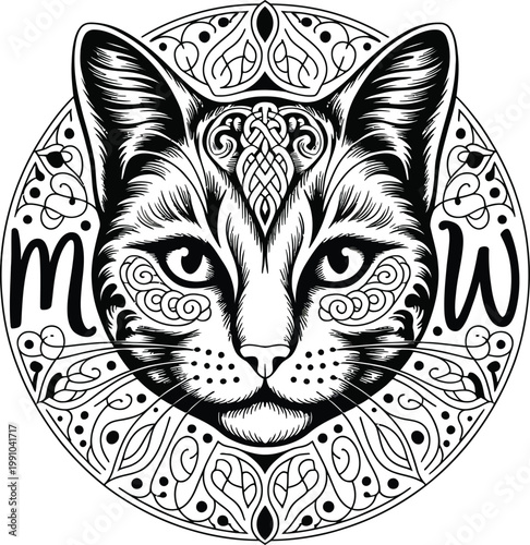 Ornate Cat Portrait with Meow Text and Celtic Knot Design