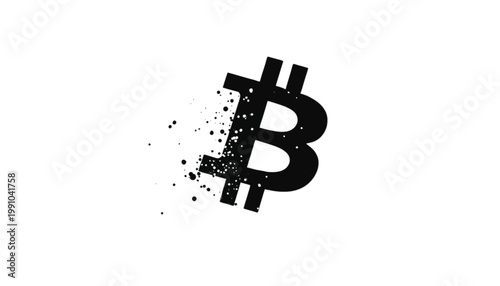 Bitcoin symbol appears as a disintegrating black icon with scattered particles fading into nothingness to represent the volatile nature of digital cryptocurrency markets and modern financial systems.