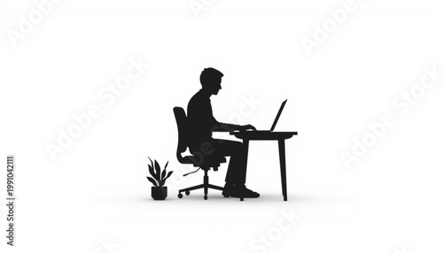Businessman sits at a desk while working on a laptop computer in a clean office environment with a potted plant nearby to illustrate productivity and professional daily work routines.