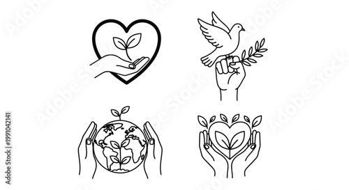 Hands holding plants and a dove represent nature conservation efforts and peace symbols in this set of four simple black line art drawings on a plain white background area.