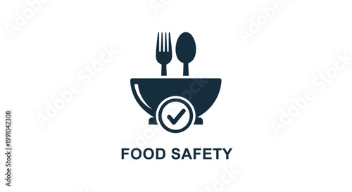The food safety icon features a bowl with a fork and spoon alongside a checkmark symbol to indicate hygiene compliance and sanitary dining standards for commercial kitchens.