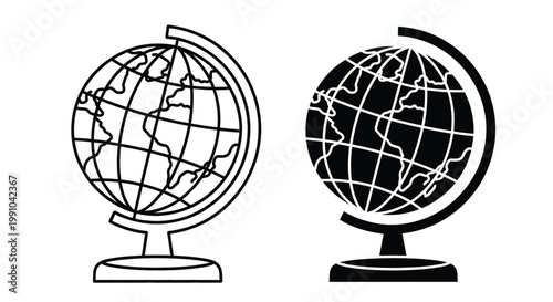 Globes appear in two distinct styles as outline and solid icons on a white background to represent geography and global education themes in a clean graphic arrangement.