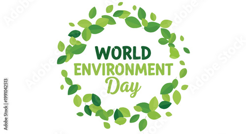The World Environment Day emblem displays a circular wreath of lush green leaves encircling bold festive text on a neutral white background for ecological awareness campaigns.