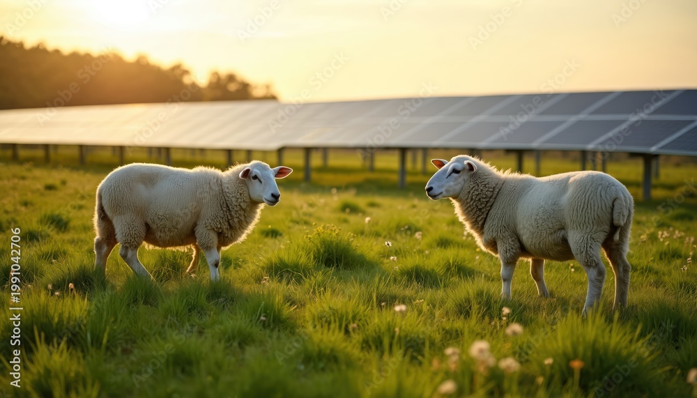 Fototapeta premium Two sheep graze in a green field near solar panels. Sunset light illuminates the pasture and sheep. Rural landscape shows coexistence of farming and renewable energy.