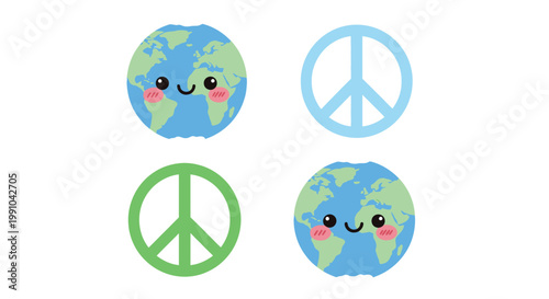 Earth globes with smiling faces and peace symbols appear as cute icons to represent international unity and harmony in a simple graphic style suitable for diverse design.