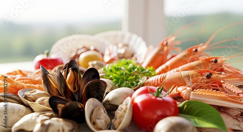 Fresh seafood platter with shrimp, mussels, and vegetables  