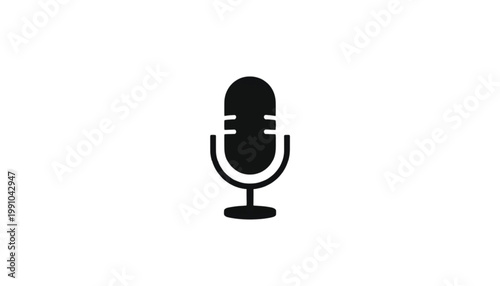 Microphone icon centered on a white background symbolizes audio communication, podcasting, broadcasting, and public speaking engagements.