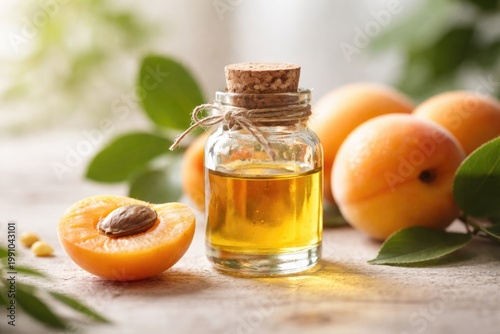 Selective focus on a tiny jar containing apricot oil placed in front of a natural style white background