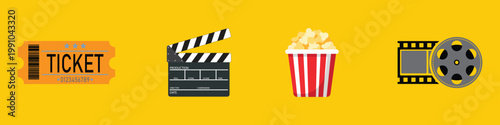 Cinema Icons Set with Ticket Clapperboard Popcorn and Film Reel on Yellow Background