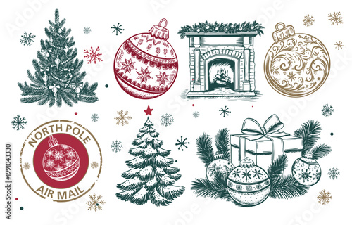 Vintage Hand-Drawn Christmas Holiday Elements Collection