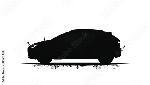 Car silhouette depicted in a side profile view as a solid black graphic represents modern automotive transportation and personal mobility solutions for urban travel and vehicle industry marketing.