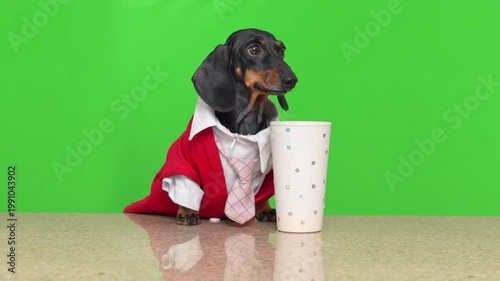 Dachshund dog in red jacket with white shirt and pink tie drinking from decorative white cup on green screen, funny office puppy concept, business pet lifestyle, creative studio scene.