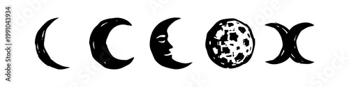 Hand Drawn Moon Phases Set - Celestial Mystical Doodles including Full Moon, Crescent, and Man in the Moon Profile - Occult and Boho Design Elements Isolated on White