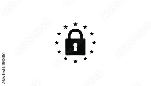 Padlock icon surrounded by a circular arrangement of stars signifies high level security measures and robust data protection standards for digital platforms and private information management systems.