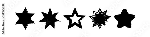 Set of Hand-Drawn Black Star Icons with Grunge Brush Stroke Style - Five Different Star Shapes Isolated on White Background for Web Design, Rating, and Graphic Elements
