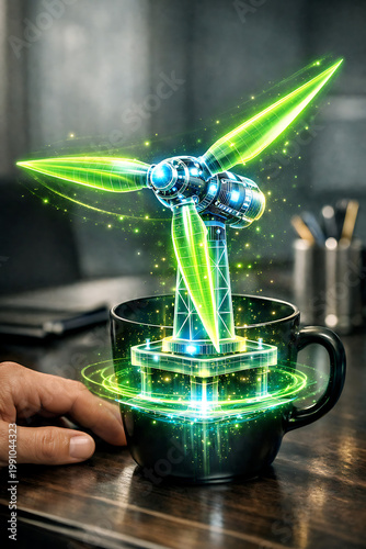 Green Energy Innovation A Miniature Wind Turbine Powers Up Within a Coffee Cup, Symbolizing Sustainable Power