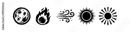 Collection of Five Minimalist Black Silhouette Icons Representing Nature Elements and Celestial Bodies Including Moon Fire Wind and Two Sun Designs Isolated on White Background