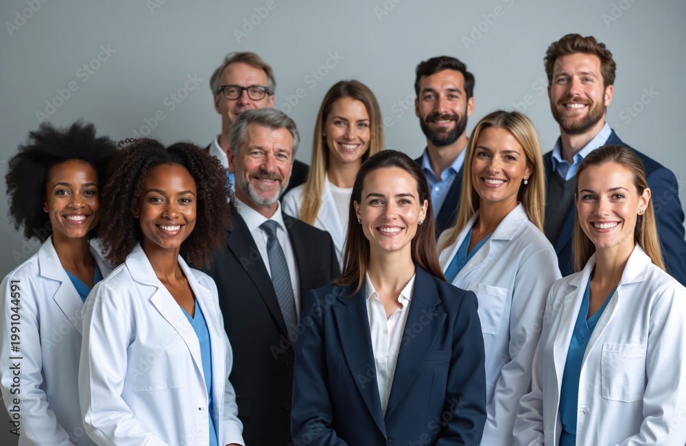 Fototapeta premium Diverse medical team stands together smiling. Professionals in white coats and suits pose for a friendly group photo. Doctors nurses and managers show unity and teamwork.