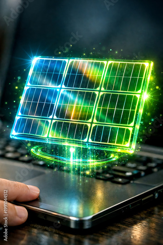 Sustainable energy innovation powering a digital future, with solar technology emerging from a laptop