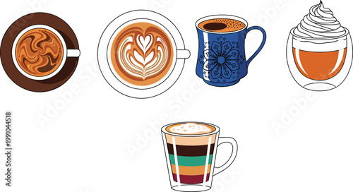 Artistic Coffee Cup Vector Icon Set with Latte Art, Floral Mug, Whipped Cream, Double Wall Glass, and Layered Rainbow Coffee for Cafe Menu and Beverage Branding Design