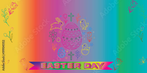easter greeting card. Colorful Easter Day Banner with Rainbow Gradient and Festive Holiday Icons. perfect for social media headers or event invitations.