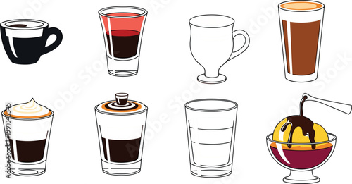 Coffee Drink Variety Vector Icon Set with Espresso, Shot Glass, Irish Coffee, Latte, Affogato, Macchiato, and Ice Cream Float for Cafe Menu and Beverage Design