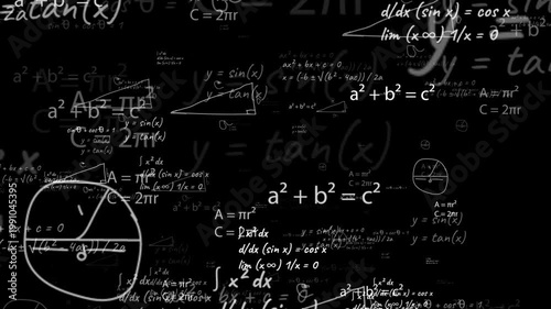 Dynamic 3d Animation Featuring White Hand-drawn Mathematical Formulas And Physics Equations Floating Through A Dark Black Void. The Scene Displays Complex Calculus, Algebra, And Geometry Theorems With