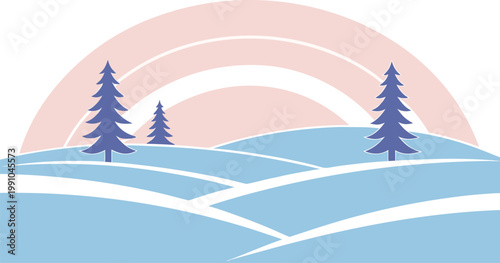 Minimal winter landscape with two hikers on layered snow hills