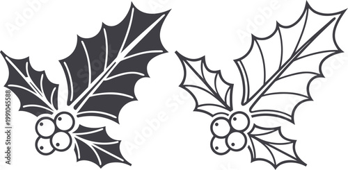 Minimalist black holly leaves and red berries set holly berries